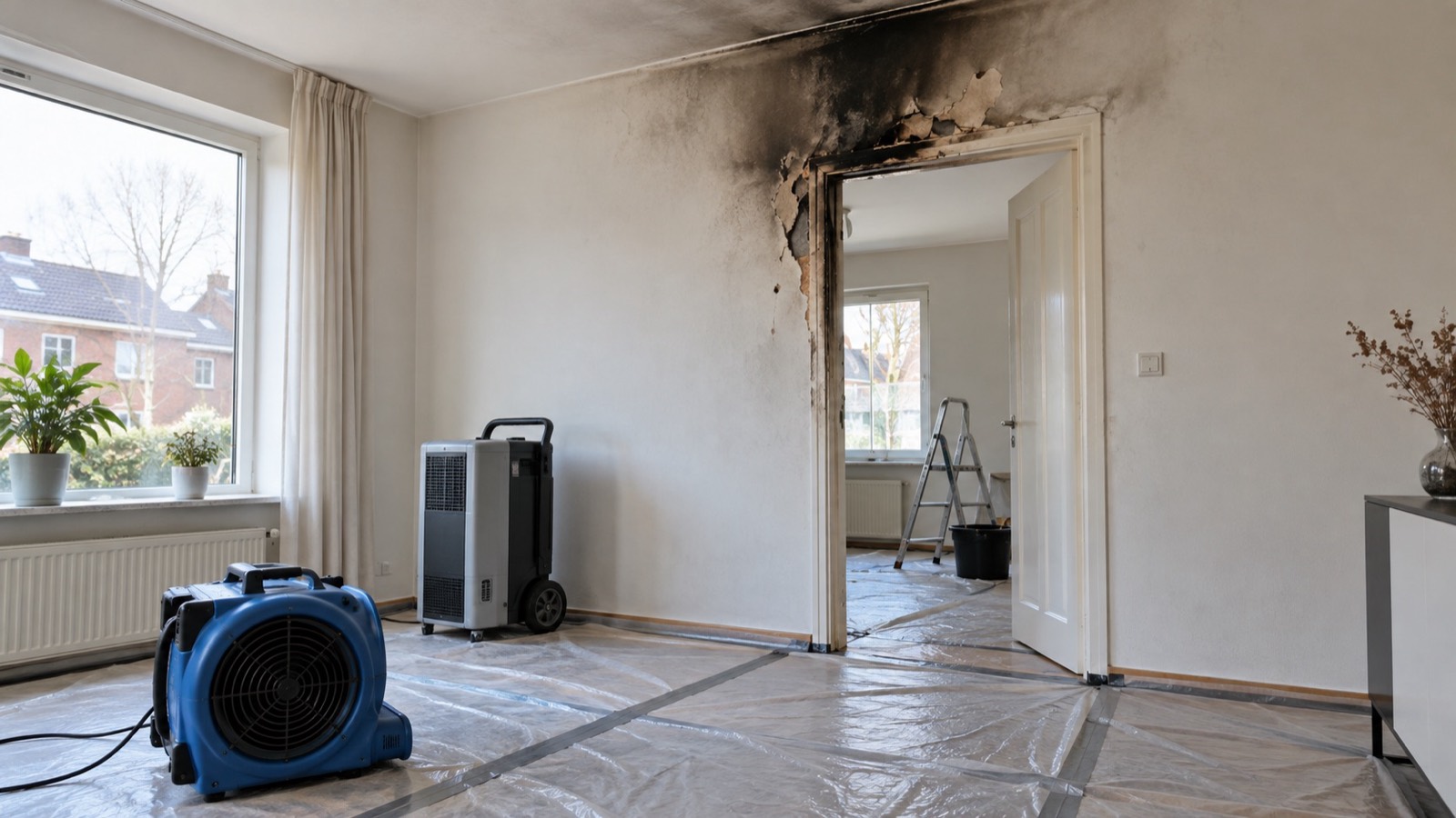 Ruimte met roet- en brandschade, voorbereid voor herstel