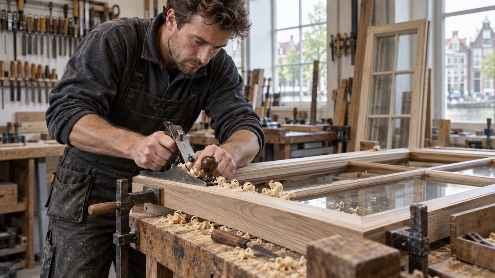 Timmerman bewerkt een houten raamkozijn in een werkplaats
